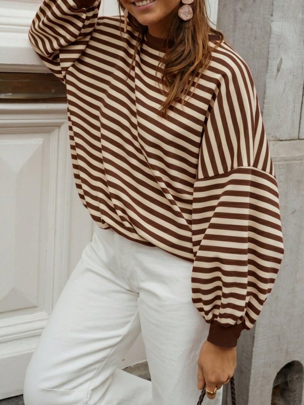 Coffee Brown Casual Women's Loose Striped Long Sleeve T-Shirt